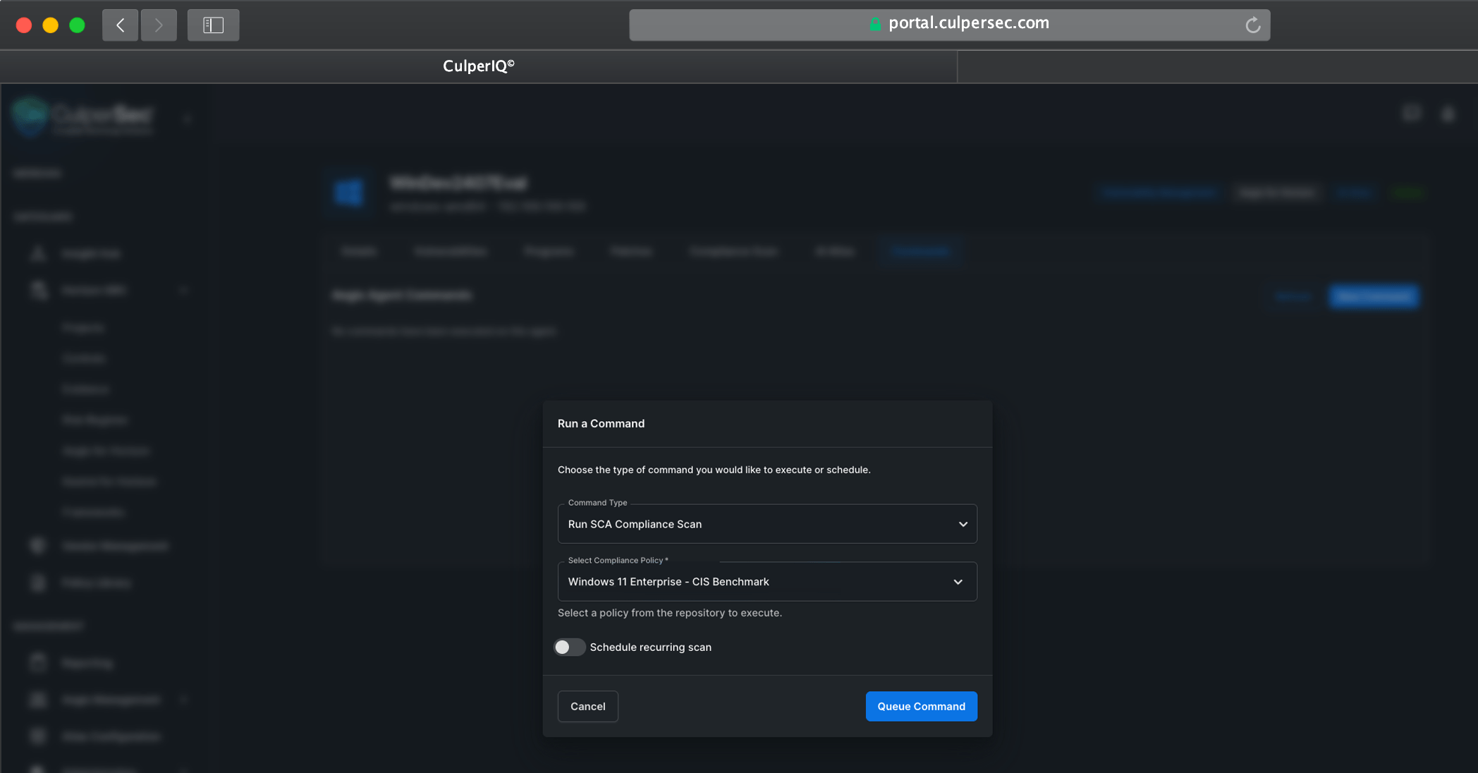 Aegis for Horizon command dialog for running a security configuration assessment benchmark