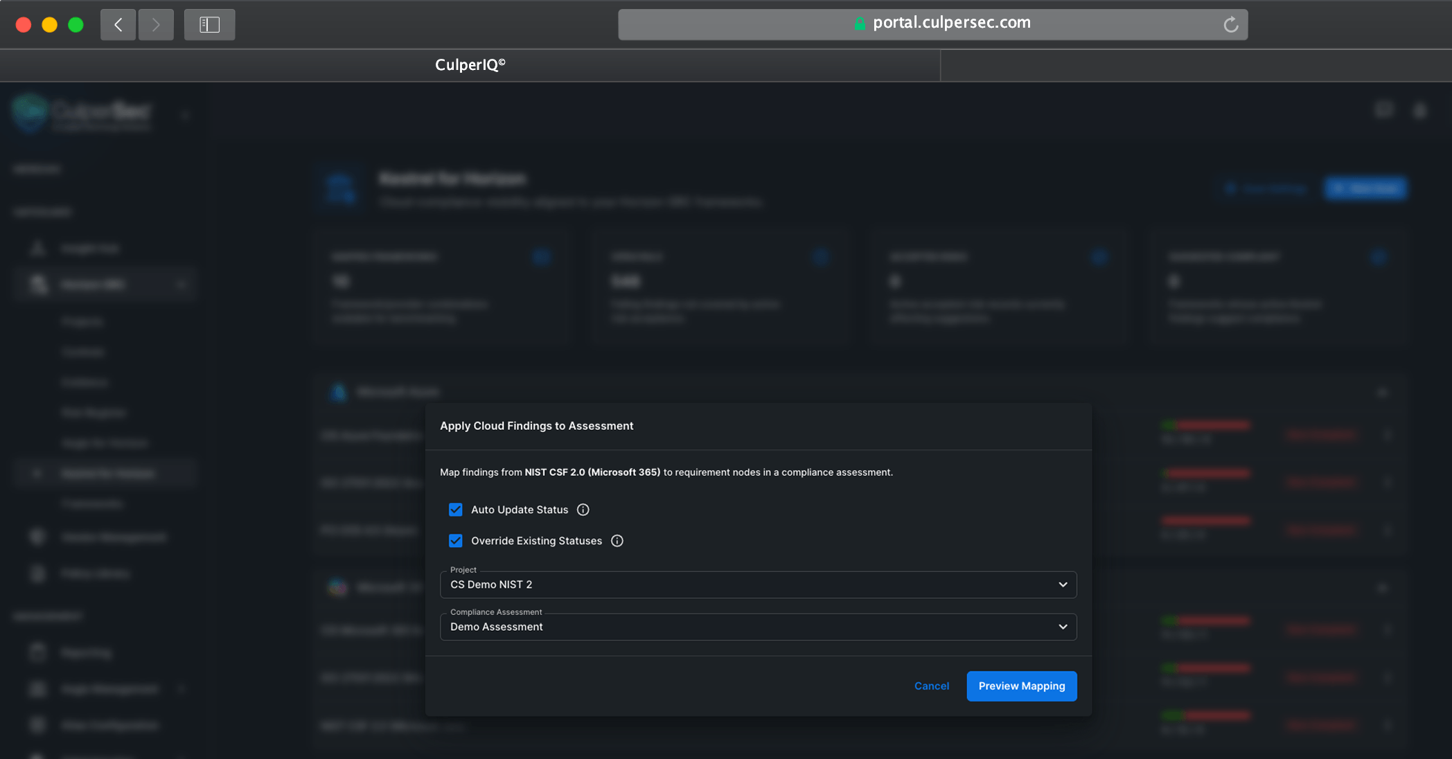 Kestrel for Horizon dialog for applying mapped cloud findings to compliance assessment requirements