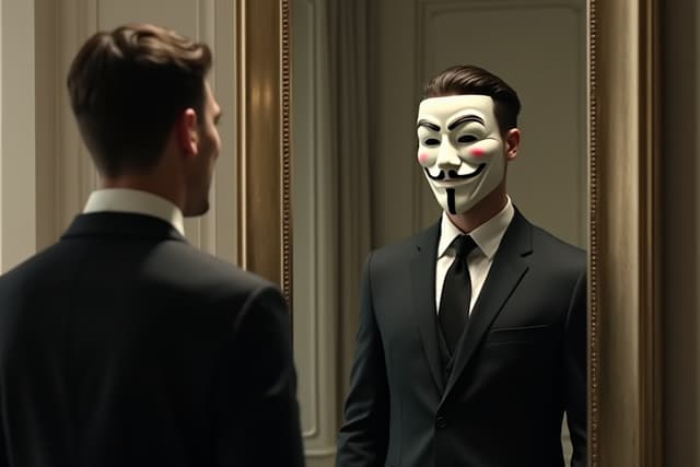 A stock image of a man looking in a mirror, his reflection is wearing a mask
