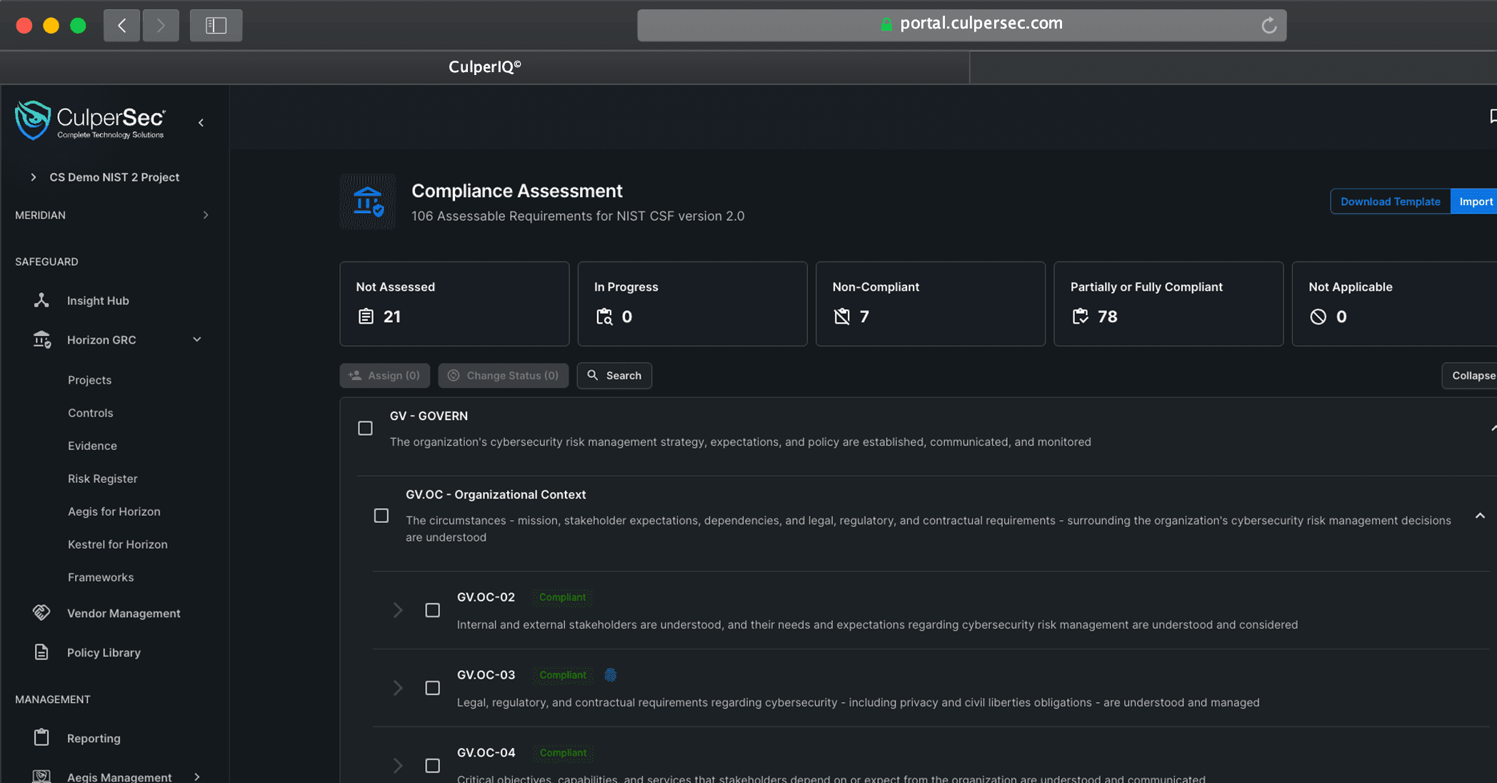 CulperIQ Safeguard Horizon GRC workspace