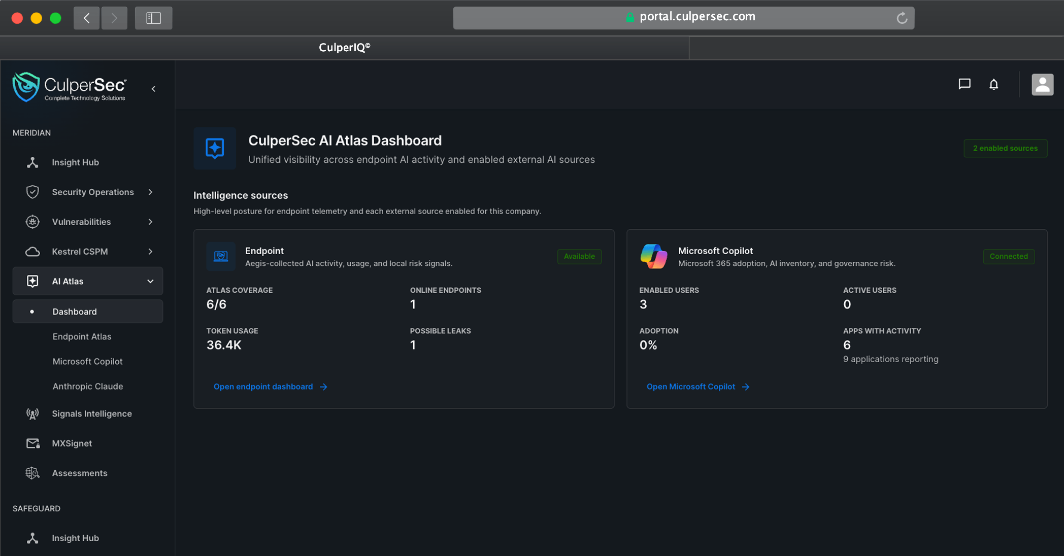 CulperIQ AI Atlas dashboard showing Endpoint Atlas and Microsoft Copilot with Anthropic Claude in navigation