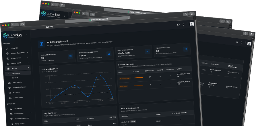 AI Atlas endpoint dashboard screens showing token usage, possible data leaks, and active endpoints