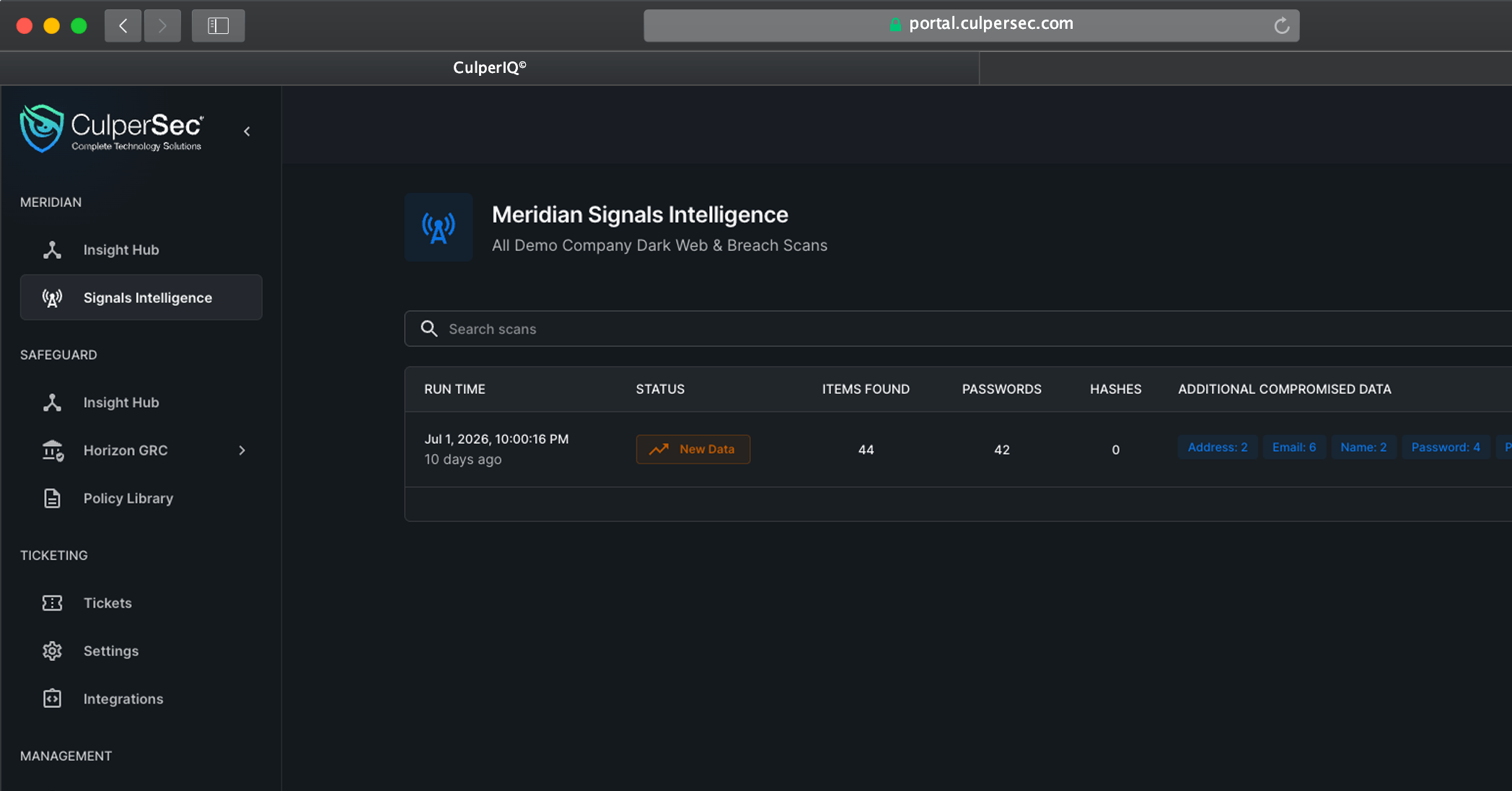 Meridian Signals Intelligence breach exposure dashboard in CulperIQ