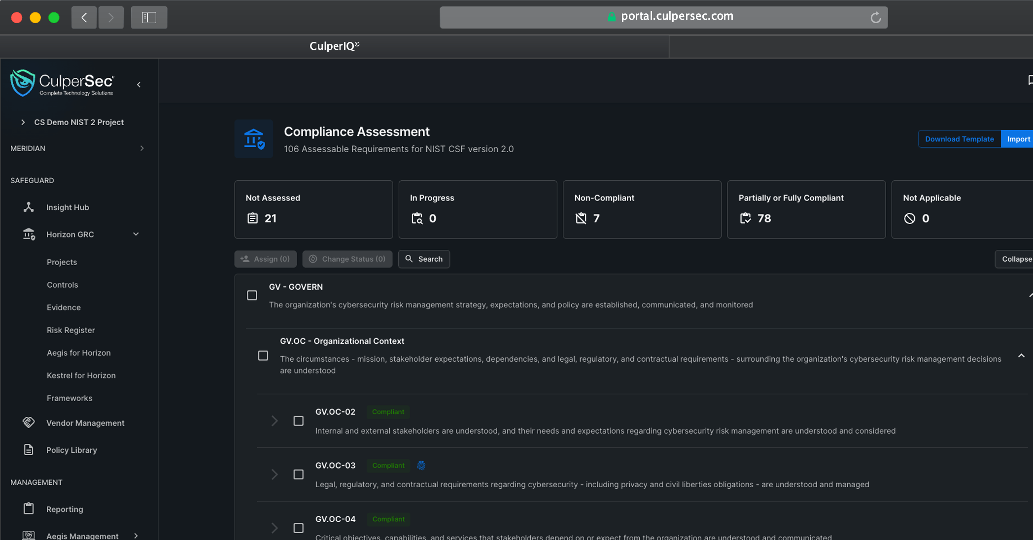 Horizon GRC compliance assessment managed in CulperIQ