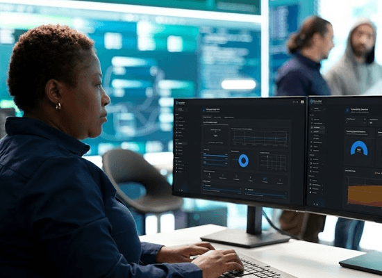 A woman sits at her desktop computer with a Meridian Vulnerability Management dashboard on one monitor and a Safeguard Horizon GRC dashboard on the other.
